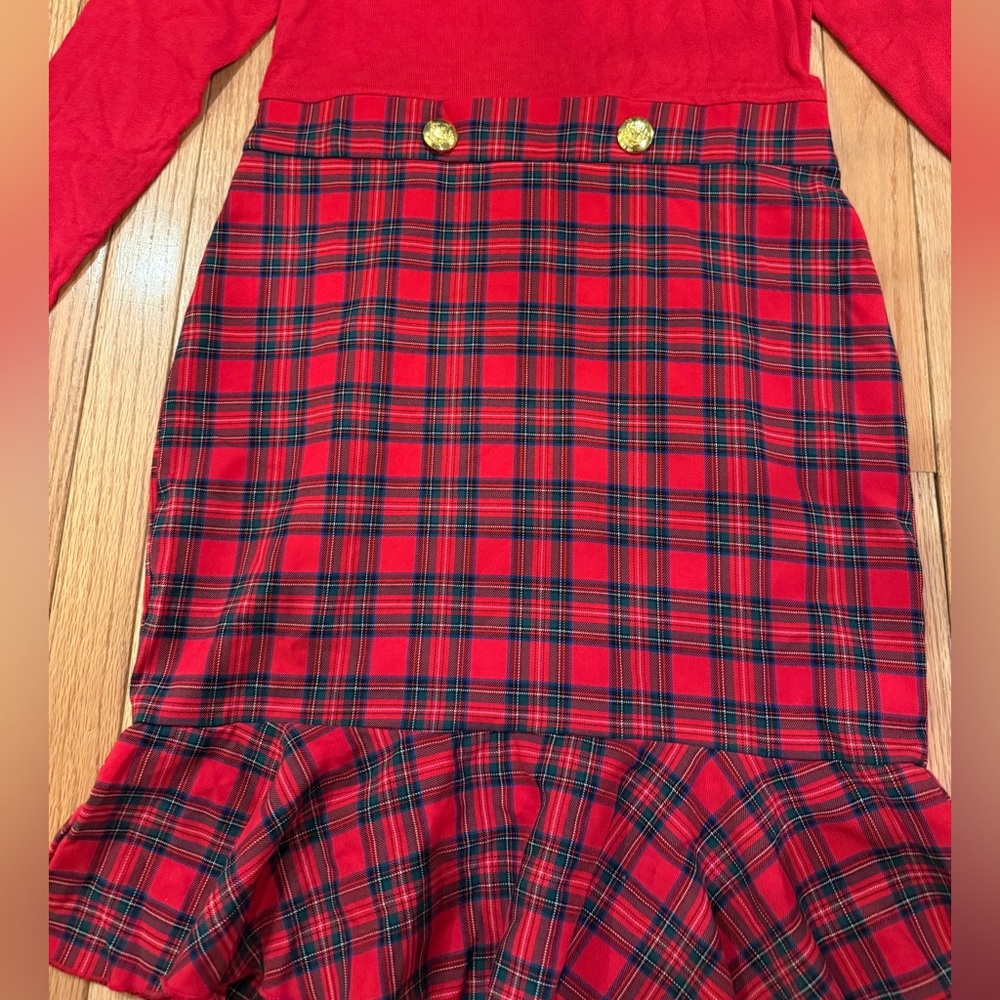 Red Plaid Long Sleeve Scottish Tartan Midi Dress Zip Back Crest Button Size 12 - Picture 3 of 7